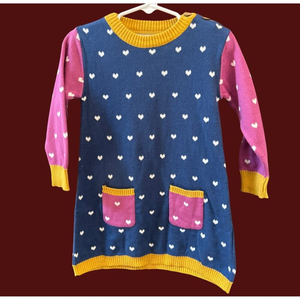 NWT Kite Organic Cotton Heart Print Sweater Dress 12-18m Colorblock Whimsical